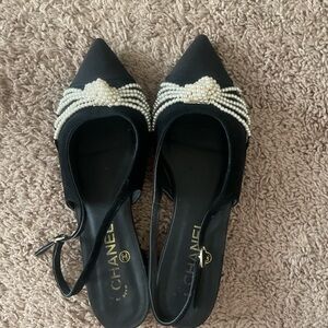 CHANEL Black Grosgrain Pearl Flats Slingback